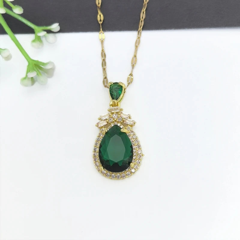Emerald Zircon Pendant Necklace | Gold Stainless Steel Chain Pendant Necklace Nixie