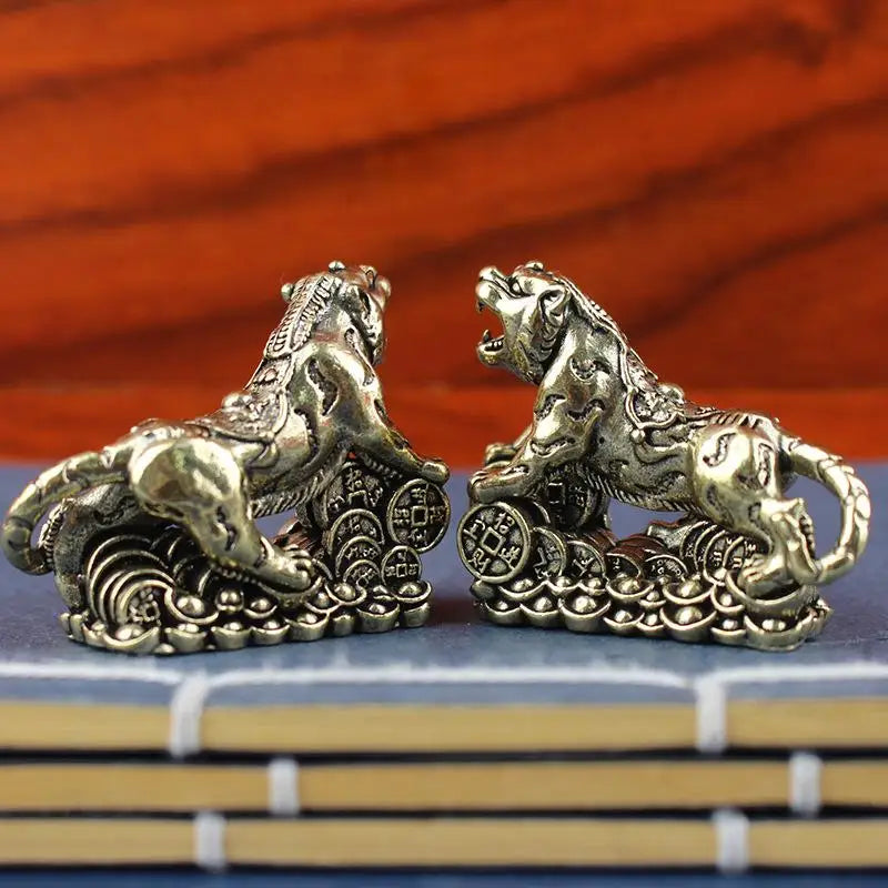 Brass Tiger Desktop Statue | Chinese Zodiac Metal Sculpture Decorative Figurine Nixie