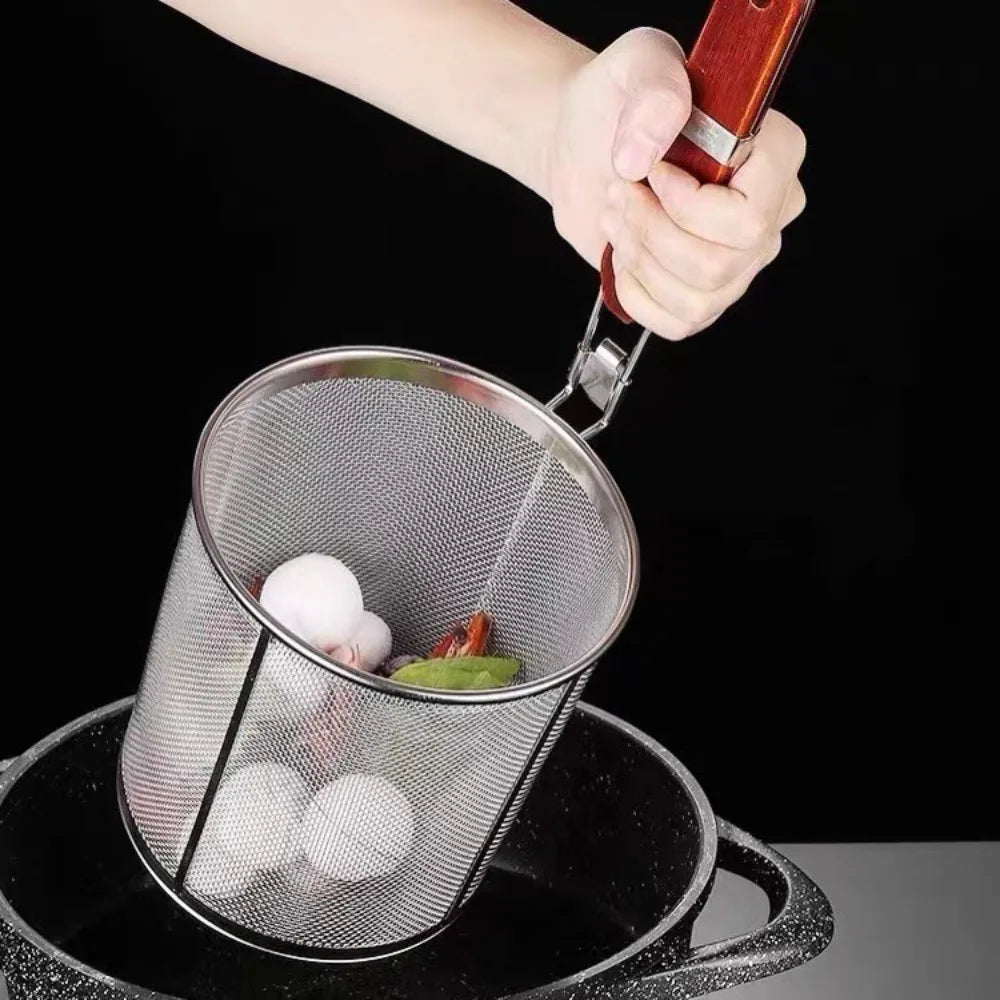 Stainless Steel Pasta Basket Strainer – Wooden Handle Kitchen Strainer Nixie
