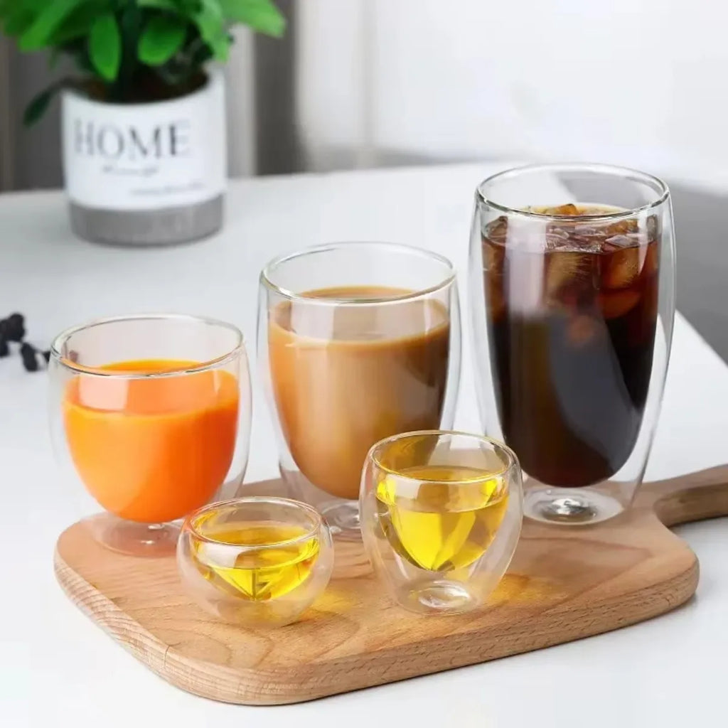 6-Pack Double Wall Glass Cups | 5 Sizes Insulated Mugs Set Insulated Glass Mugs Nixie