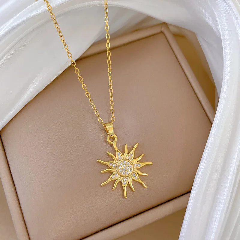 Sunflower Zircon Pendant Necklace – Gold Stainless Steel Choker Pendant Necklace Nixie