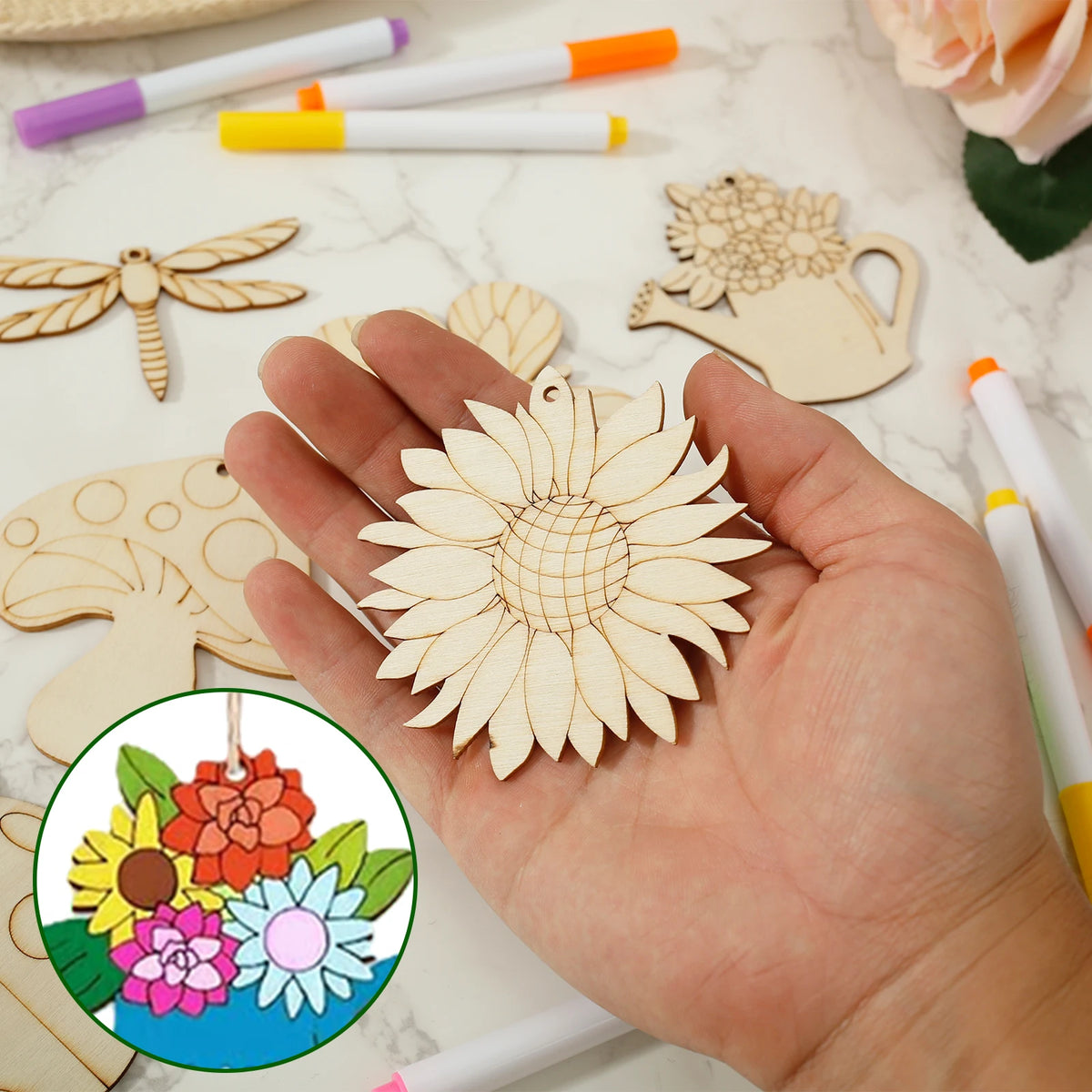 80-Piece DIY Blank Wood Cutout Ornaments Set with String