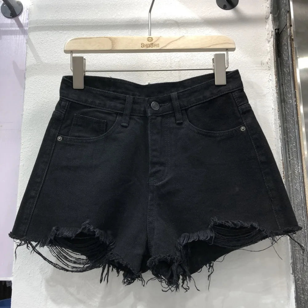 Women's High Waist Ripped Denim Shorts | Stretchy Frayed Hem Women's Denim Shorts Nixie Black XL