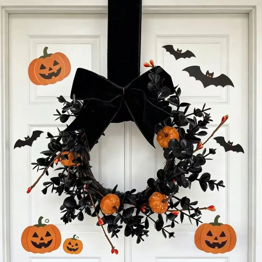 9-Inch Black Halloween Pumpkin Wreath with Velvet Bow Halloween Wreath Nixie