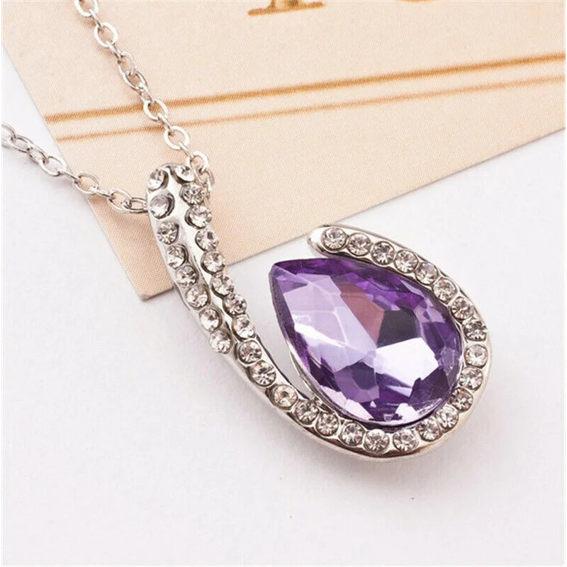 Water Drop Purple Crystal Glass Pendant Necklace | Nixie Crystal Pendant Necklace Nixie