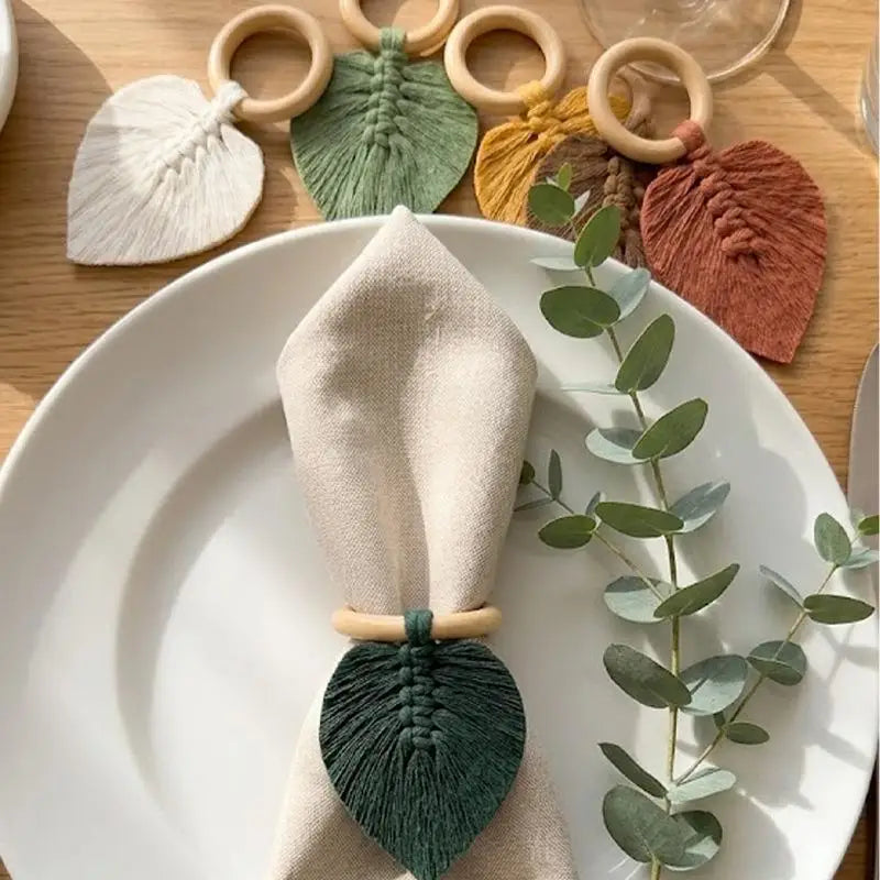 Boho Macrame Tassel Napkin Rings – Wood Leaf Table Decor