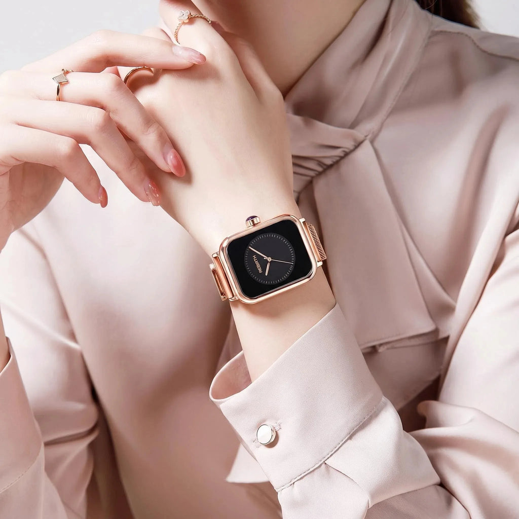 REBIRTH Rose Gold Square Women's Watch – Black Dial Quartz Women's Quartz Watch Nixie