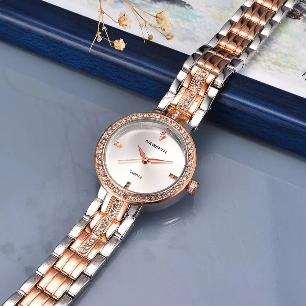 REBIRTH Women's Rose Gold Quartz Watch Diamond Bezel | Gift Women's Quartz Watch Nixie