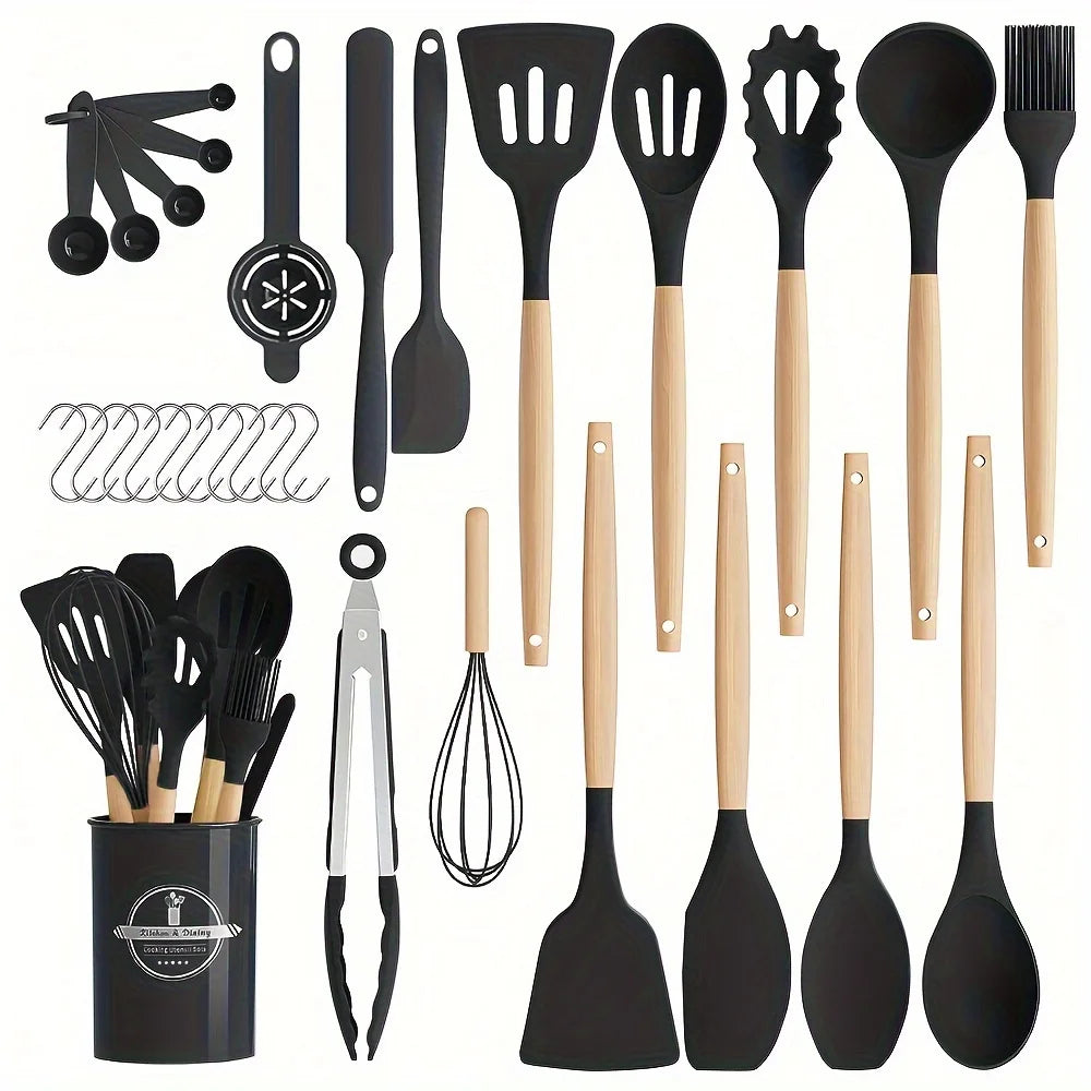 30-Piece Silicone Kitchen Utensil Set with Wooden Handles Silicone Utensil Set Nixie