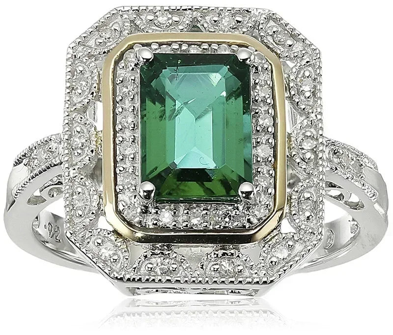 Art Deco Green Zircon Silver & Gold Fashion Ring | Sizes 6–10 Fashion Ring Nixie