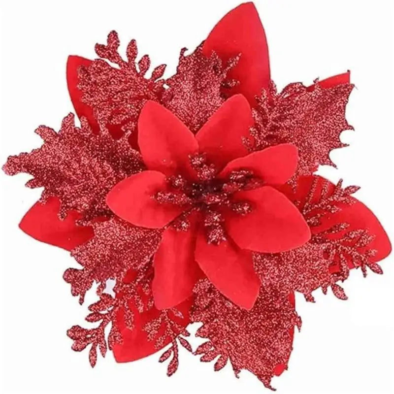 Artificial Red Gold Glitter Poinsettia Flowers – 10 Pcs Xmas Artificial Holiday Flowers Nixie