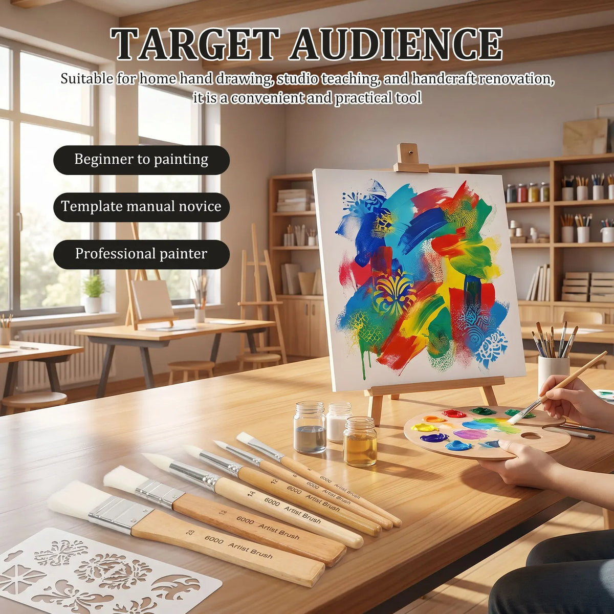 6-Piece Nylon Stencil & Watercolor Paint Brush Set, Wood Handle Paint Brush Set Nixie