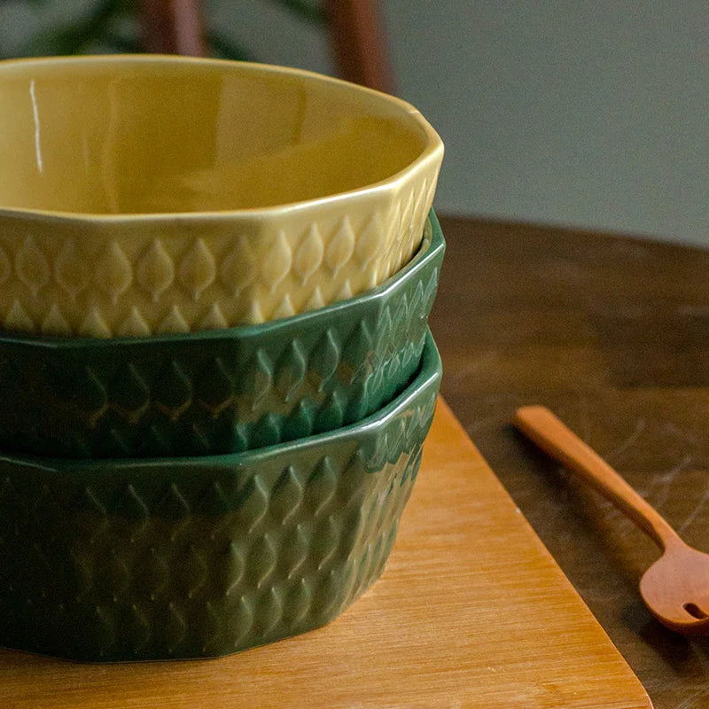 French Medieval Ceramic Salad Bowl – Yellow Leaf Relief 6.1" Ceramic Serving Bowl Nixie