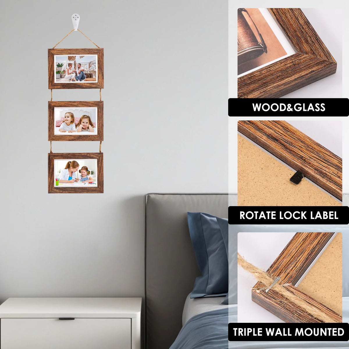 4-Pack Triple Wall Hanging Collage Photo Frames – Rustic Wood