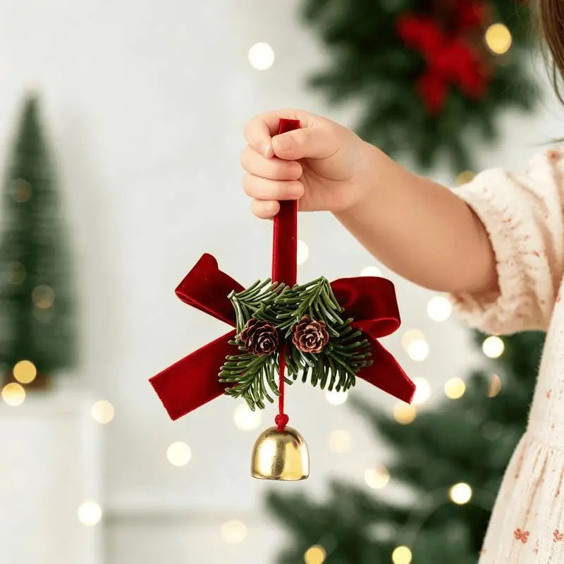 Plush Christmas Tree Ornament with Bow & Brass Bell | Xmas Decor Christmas Ornament Nixie