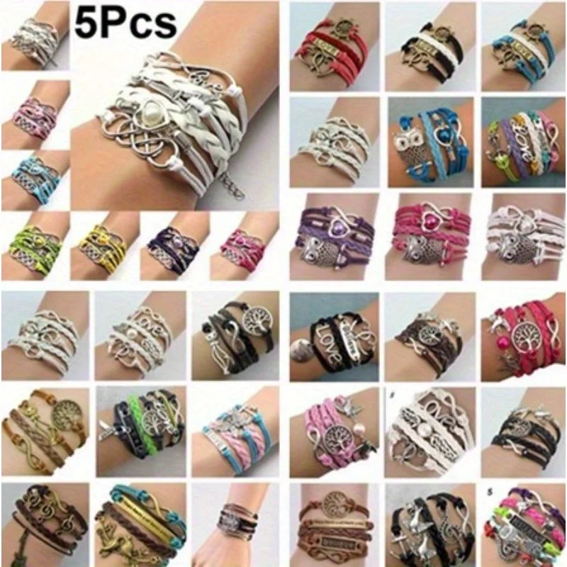 5Pcs Multilayer Leather Wrap Bracelets – Heart Charm & Pearl Set Fashion Bracelet Set Nixie