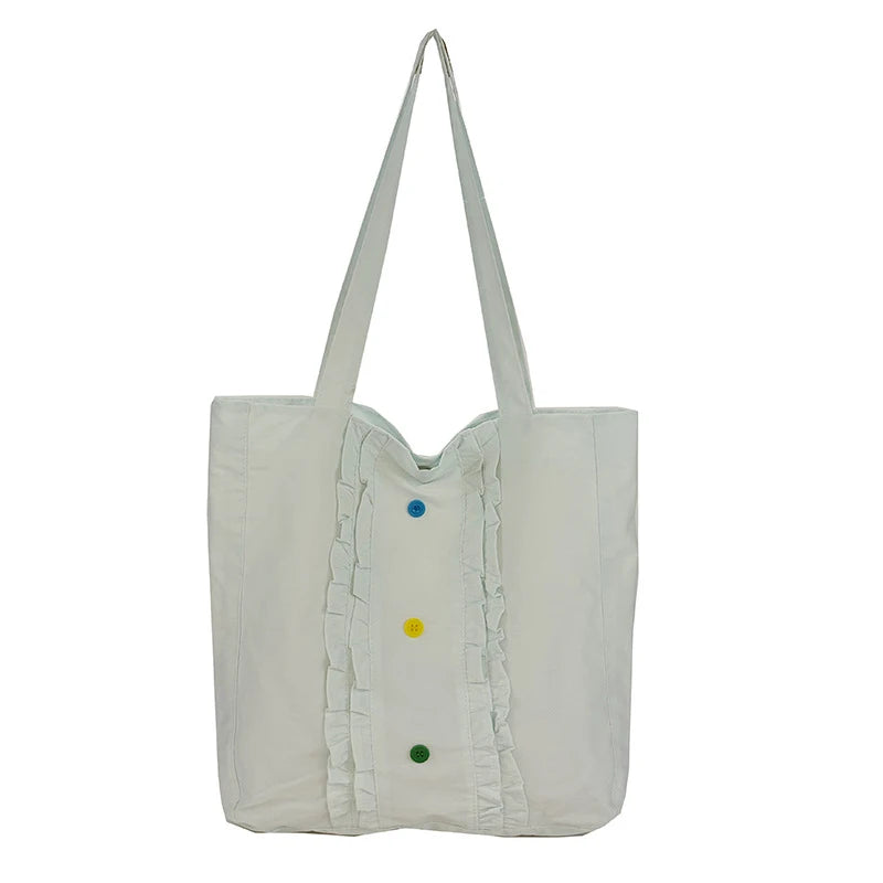 Women's Large Canvas Tote Bag – Lace Trim, Button Detail Canvas Shoulder Tote Nixie