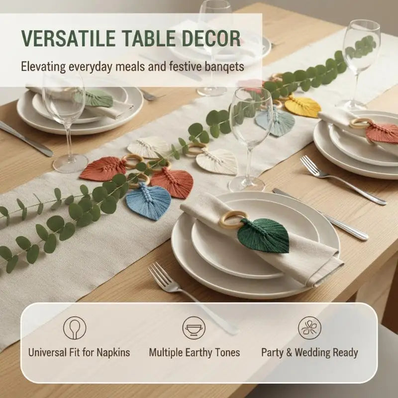 Boho Macrame Tassel Napkin Rings – Wood Leaf Table Decor