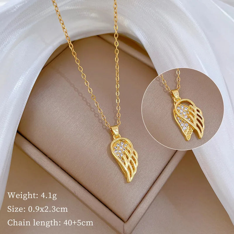 Hollow Wing Feather Zircon Pendant Necklace | Women's Gold Chain Pendant Necklace Nixie XL2606-864