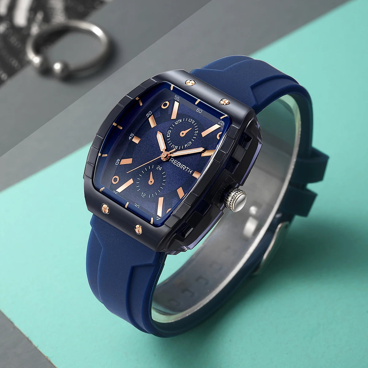 REBIRTH Casual Quartz Watch – Minimalist Tonneau Silicone Band Casual Quartz Watch Nixie