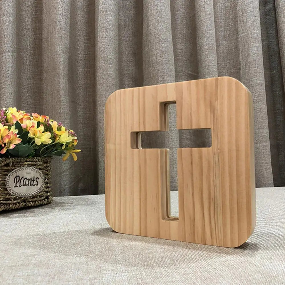3D Wooden Cross USB LED Night Light – Christian Table Décor
