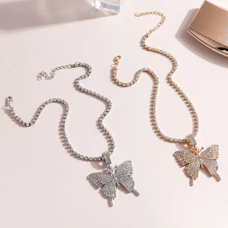 2PCS Butterfly Pendant Necklace – Gold & Silver Rhinestone Set