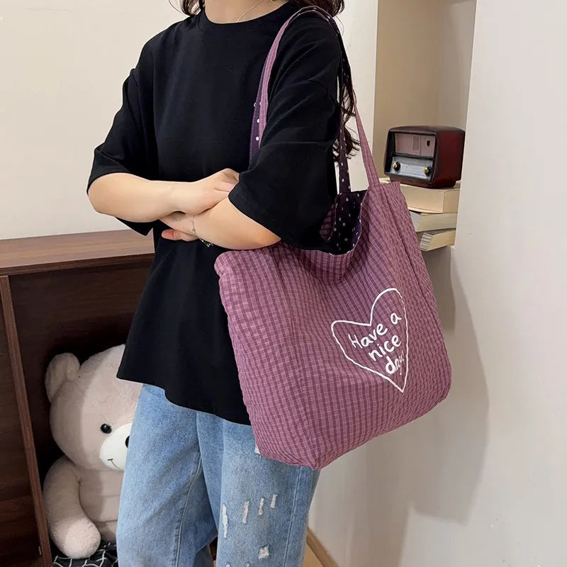 Double-Sided Plaid Polka Dot Canvas Tote Bag – Large Women's Shoulder Bag Canvas Tote Bag Nixie