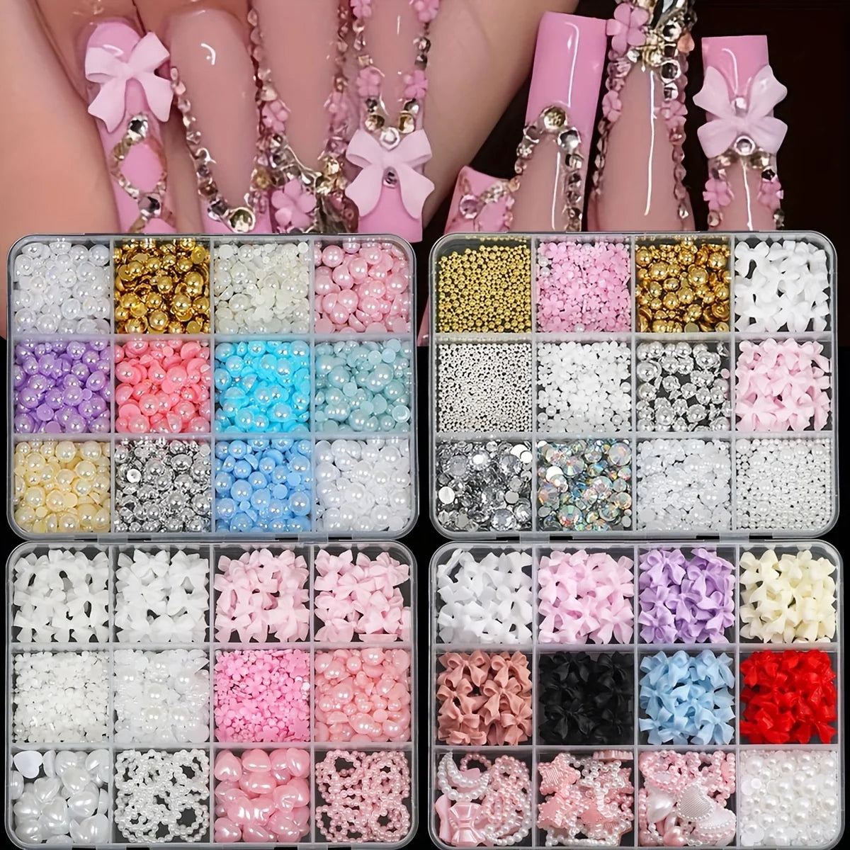 500PCS 3D Nail Art Kit – Resin Bows, Pearls & Shapes Nail Art Kit Nixie