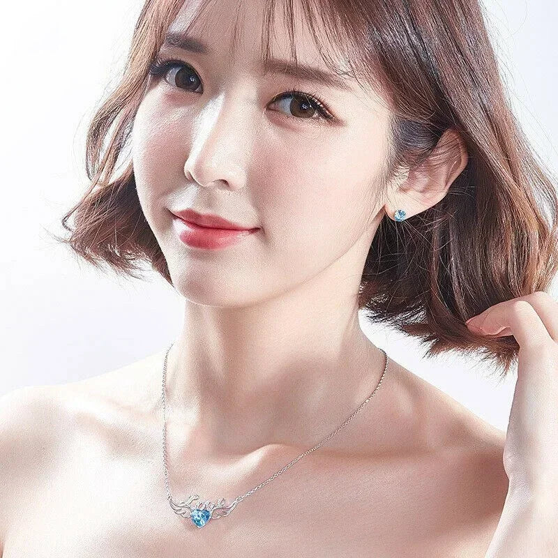 Angel Wings Aquamarine Crystal Silver Pendant Necklace Pendant Necklace Nixie