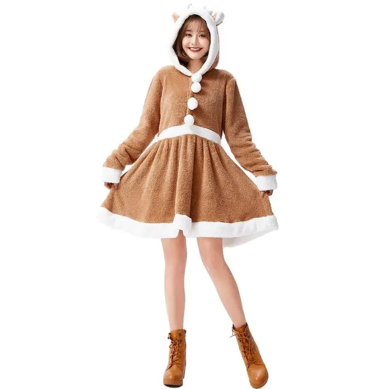 Women's Reindeer Velvet Hooded Dress – Christmas Cosplay Costume Cosplay Costume Dress Nixie