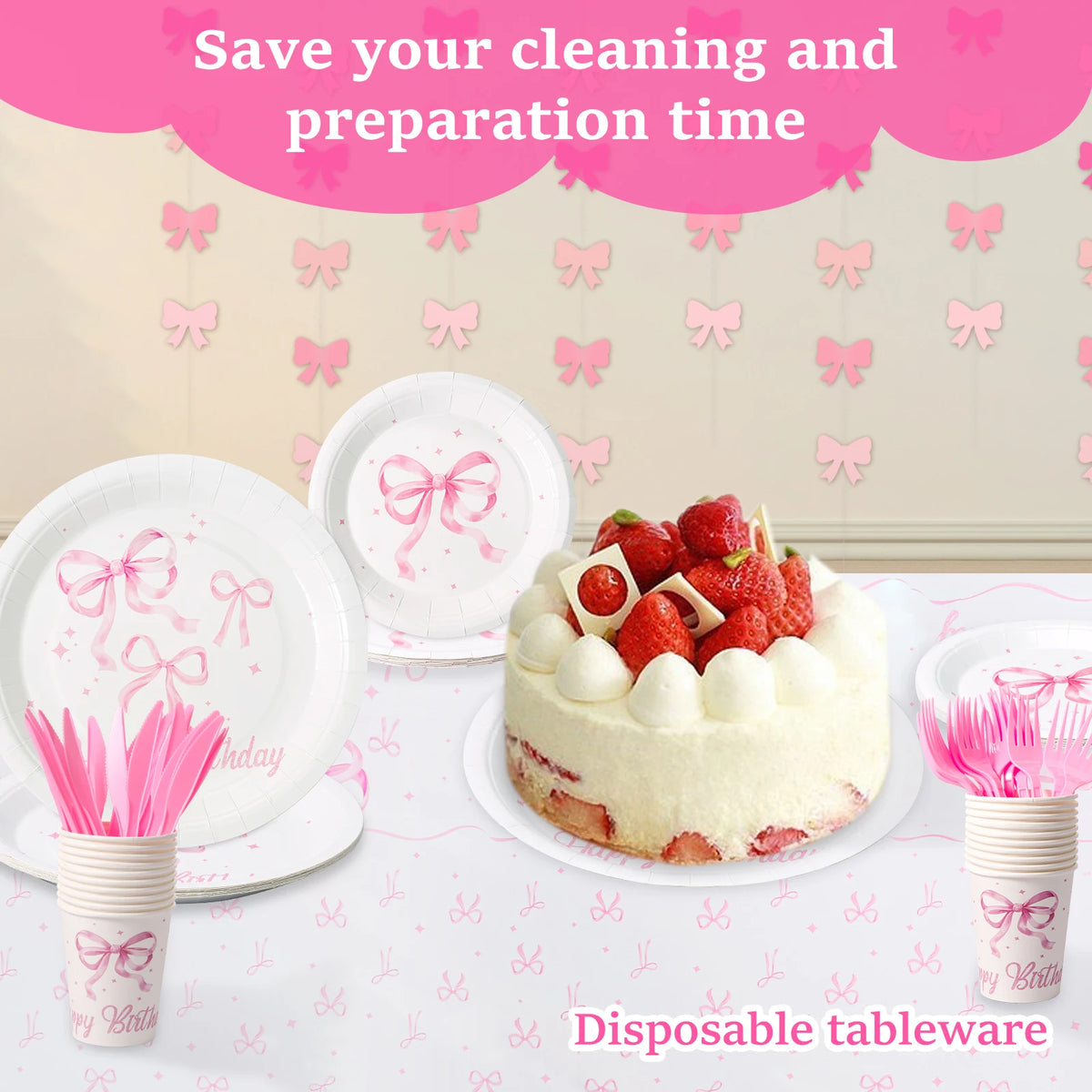 Pink Bow Party Decoration Set – Tableware & Balloons for 20