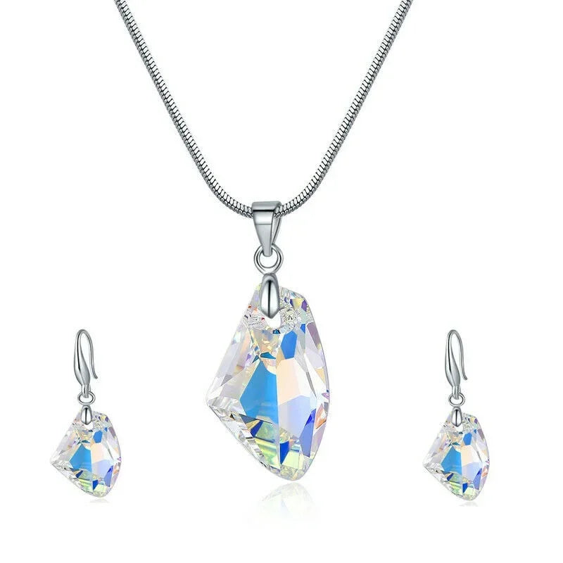 Crystal Pendant Necklace & Earrings Set – AB White Trendy