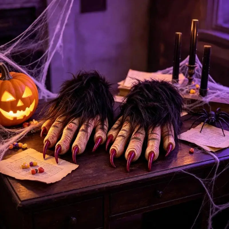 Halloween Claw Gloves Brown Plush & Latex Cosplay Hand Props