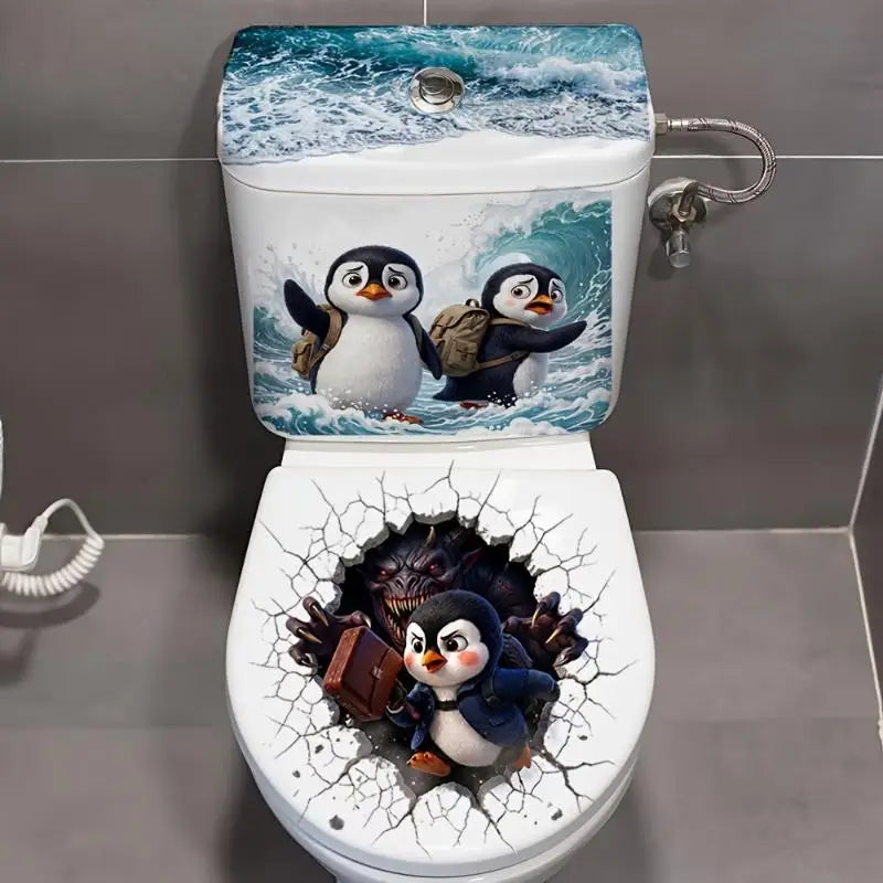 3D Penguin Toilet Lid Sticker – Funny Waterproof Bathroom Decal Bathroom Decor Sticker Nixie