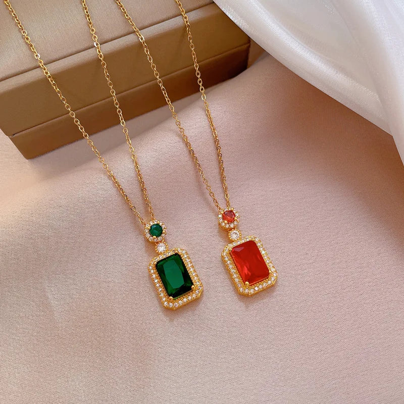 Women's Gold Zirconia Square Pendant Necklace – Stainless Steel Pendant Necklace Nixie
