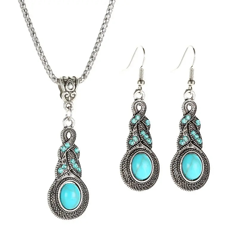 Vintage Turquoise Crystal Necklace & Earrings Set – 3 Piece Jewelry Set Nixie