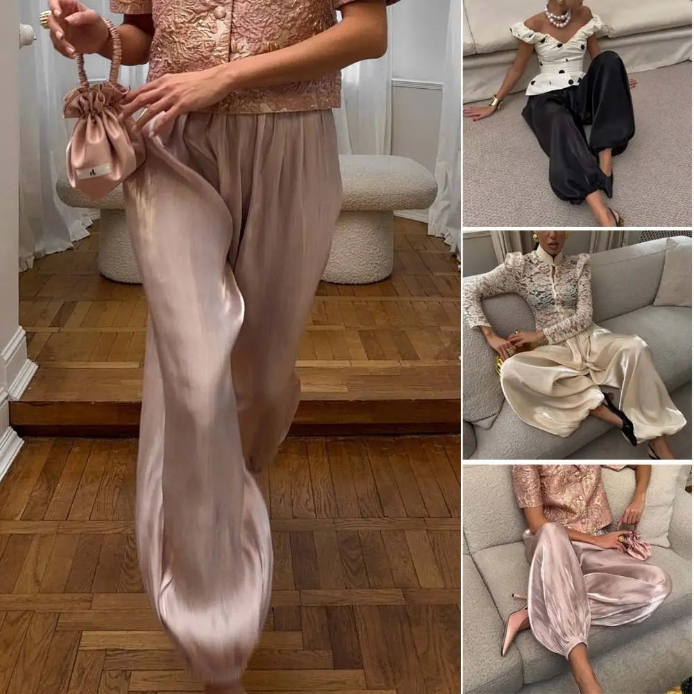 Women's Satin High Waist Wide Leg Ankle Pants | Elegant Fit Wide Leg Pants Nixie