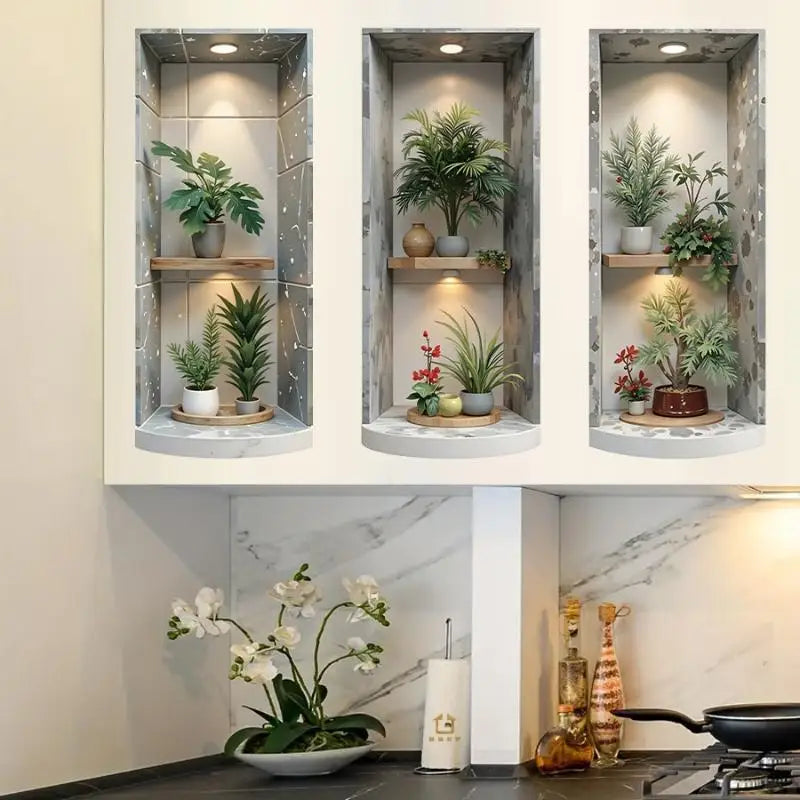 2D Faux Recessed Niche Wall Decals – Plant Marble Effect, 3pc Wall Decal Sticker Nixie