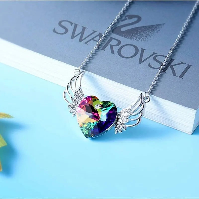 Angel Wing Heart Crystal Pendant Necklace | Mood Tracker Pendant Necklace Nixie