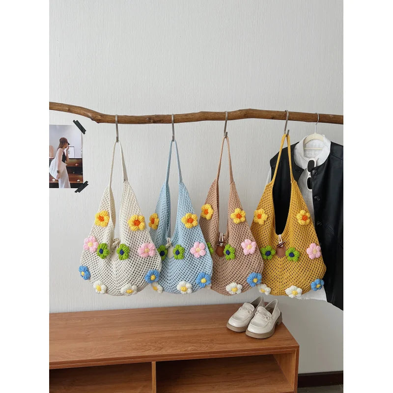 Floral Knit Tote Bag – Large Capacity Beach Shoulder Bag Knit Tote Bag Nixie