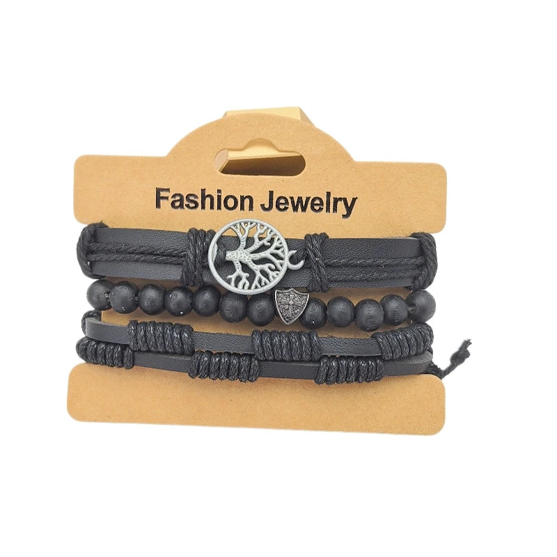Tree of Life Leather Woven Bracelet with Wood Beads – Unisex