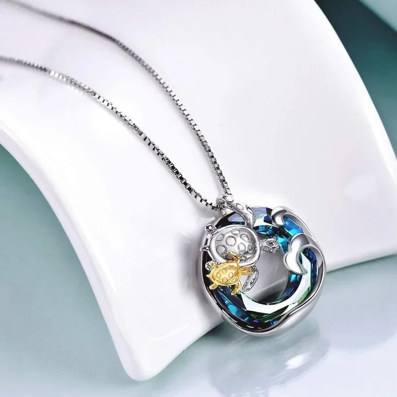 Blue Turtle Crystal Rhinestone Mood Tracker Necklace | Zinc Alloy Fashion Necklace Nixie