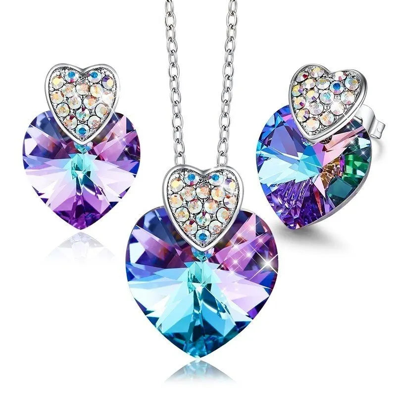 Silver Heart Crystal Necklace & Earrings Set | Women's Gift Jewelry Gift Set Nixie Purple