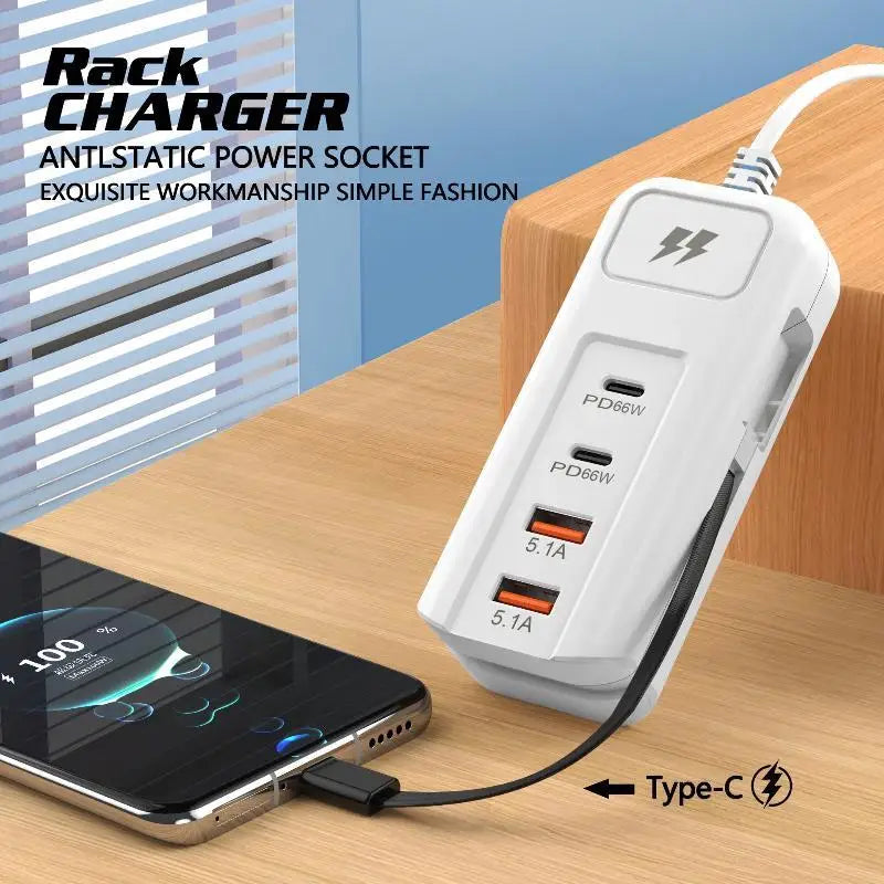 66W Anti-Static Fast Charger – 2 PD + 2 USB Ports Hub