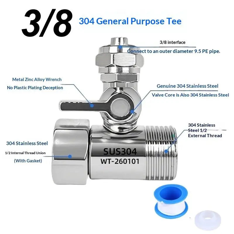 RO Feed Water Adapter 1/2" to 1/4" 3/8" Tap Tee & Ball Valve Plumbing Pipe Fitting Nixie B