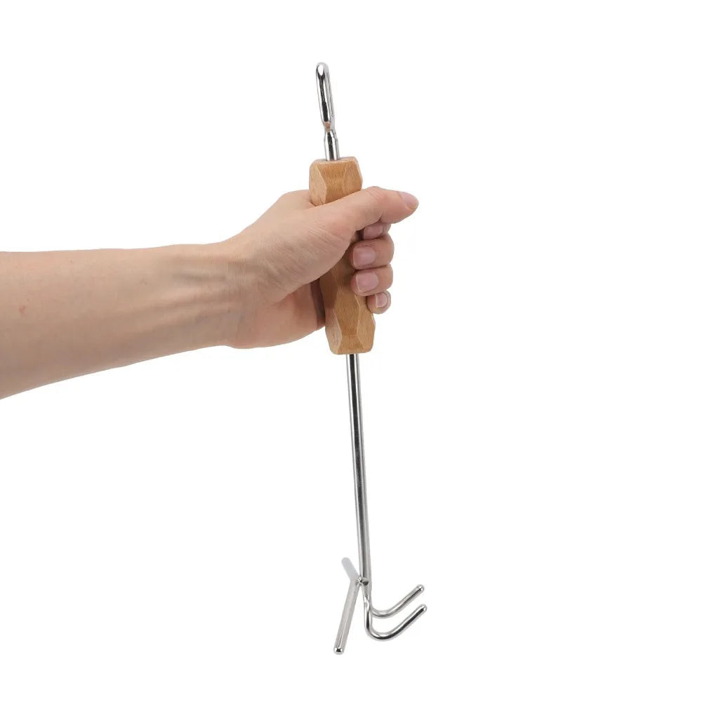 Dutch Oven Lid Lifter – Stainless Steel Double Hook Wooden Grip