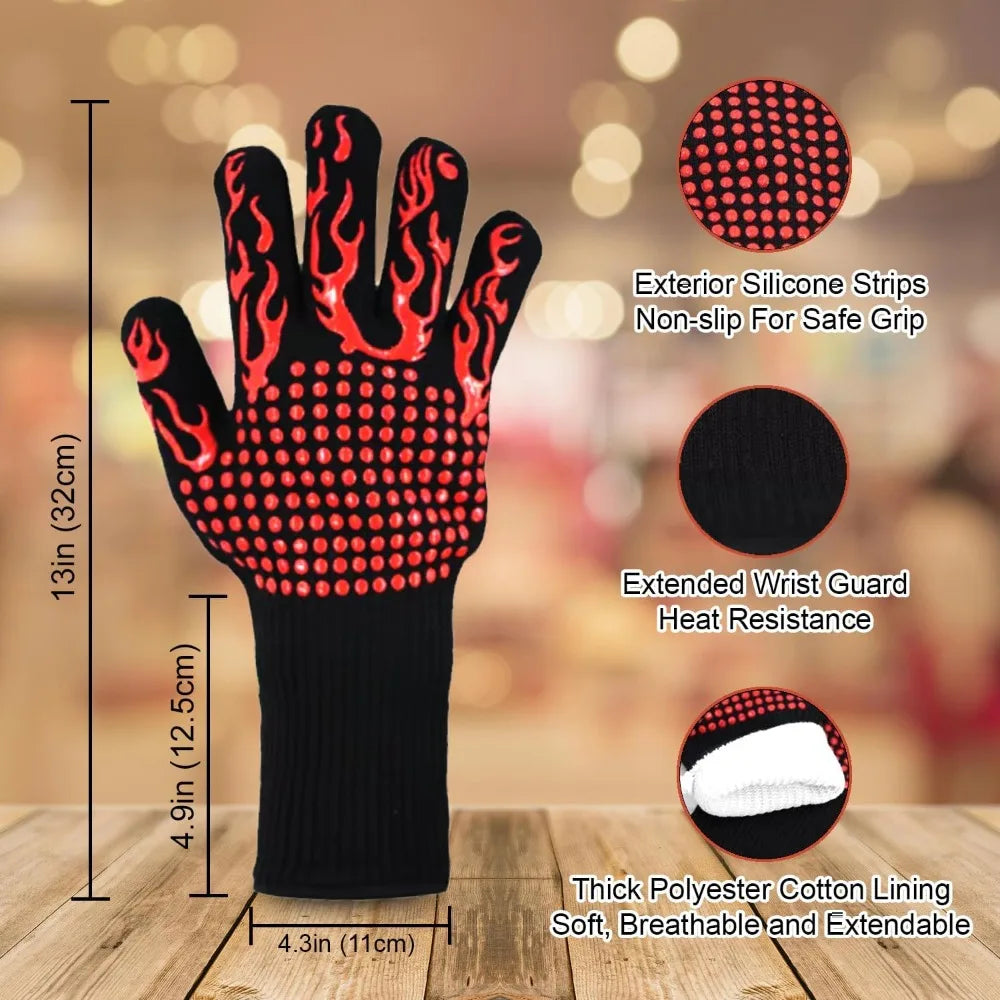 BBQ Gloves Heat & Cut Resistant Non-Slip Silicone Oven Mitts BBQ Oven Mitts Nixie
