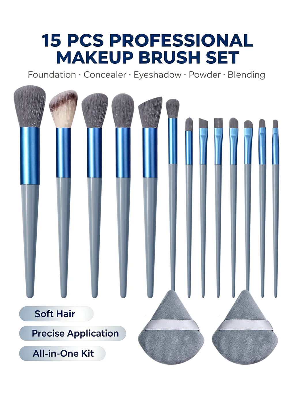 15Pc Makeup Brush Set + 2 Triangle Puffs | Pro Synthetic Kit Makeup Brush Set Nixie Blue