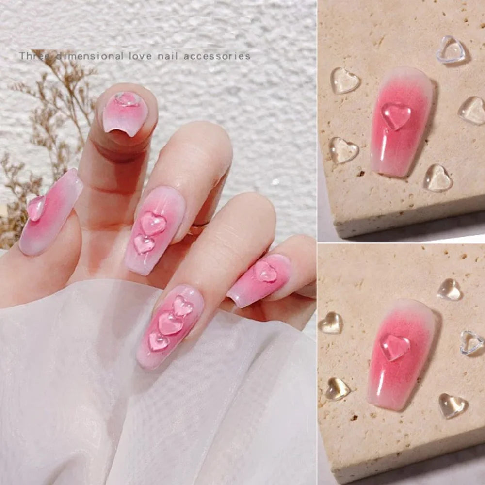 100pcs 3D Heart Nail Art Charms – Clear Acrylic DIY Decals Nail Art Charms Nixie