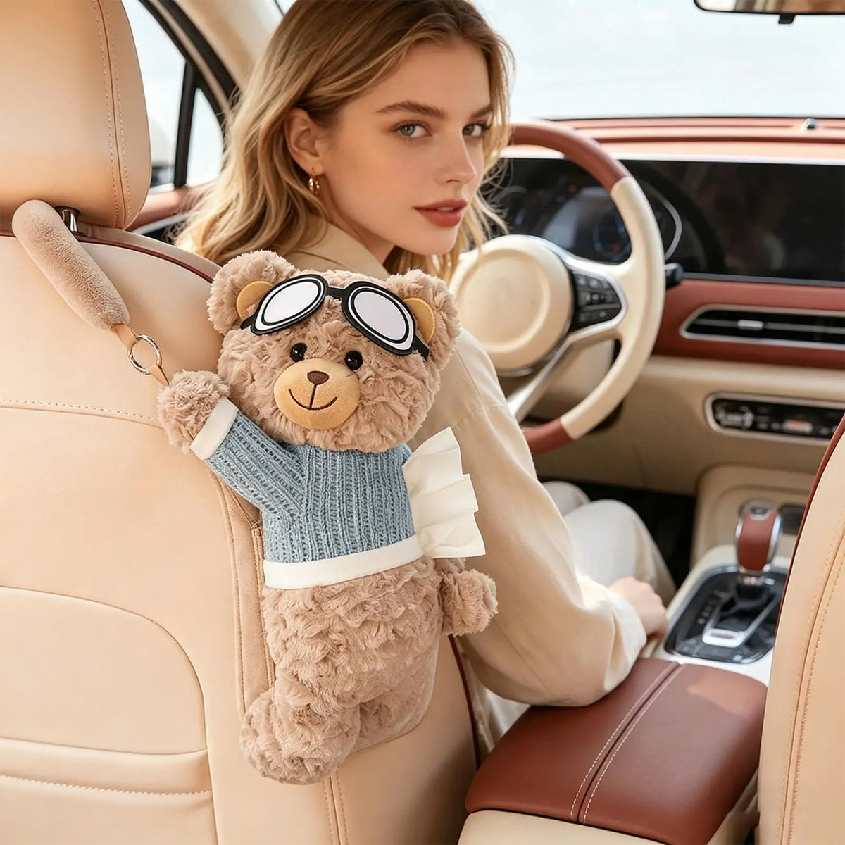 Cute Bear Car Tissue Box Holder – Plush Car Decor Accessory